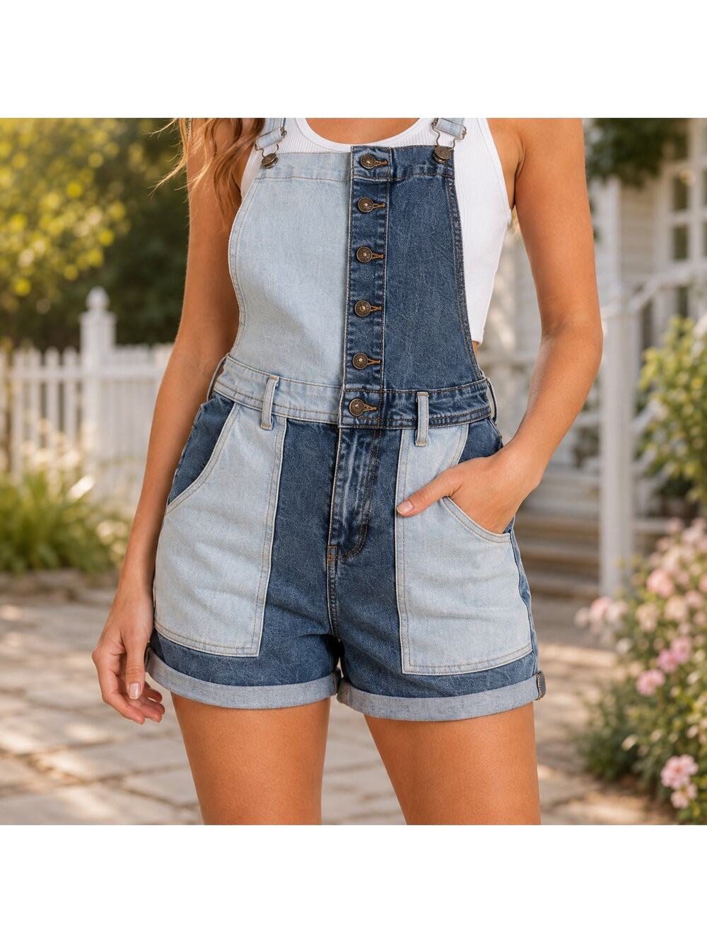 Celebrity Pink Patchwork Denim Shortalls Colorblock Overalls Medium Light Wash